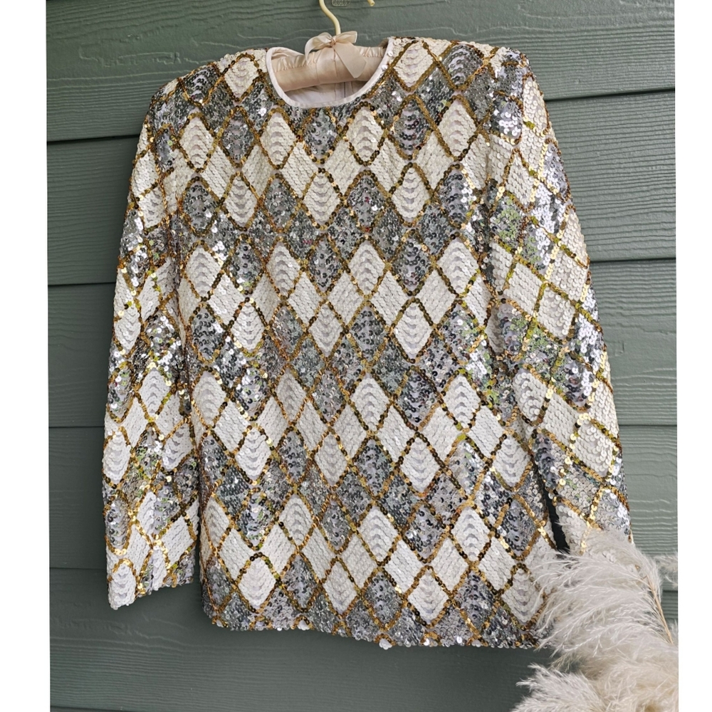 Vintage Gala Julie Francis Gold Silver Sequins Long Sleeve Top Blouse